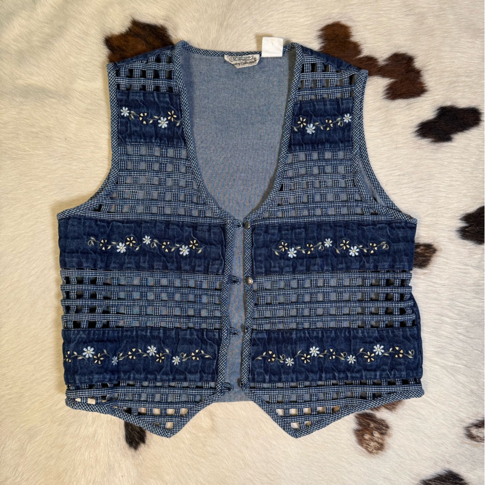 Vintage Hong Kong Denim Embroidered Patchwork Vest Size L